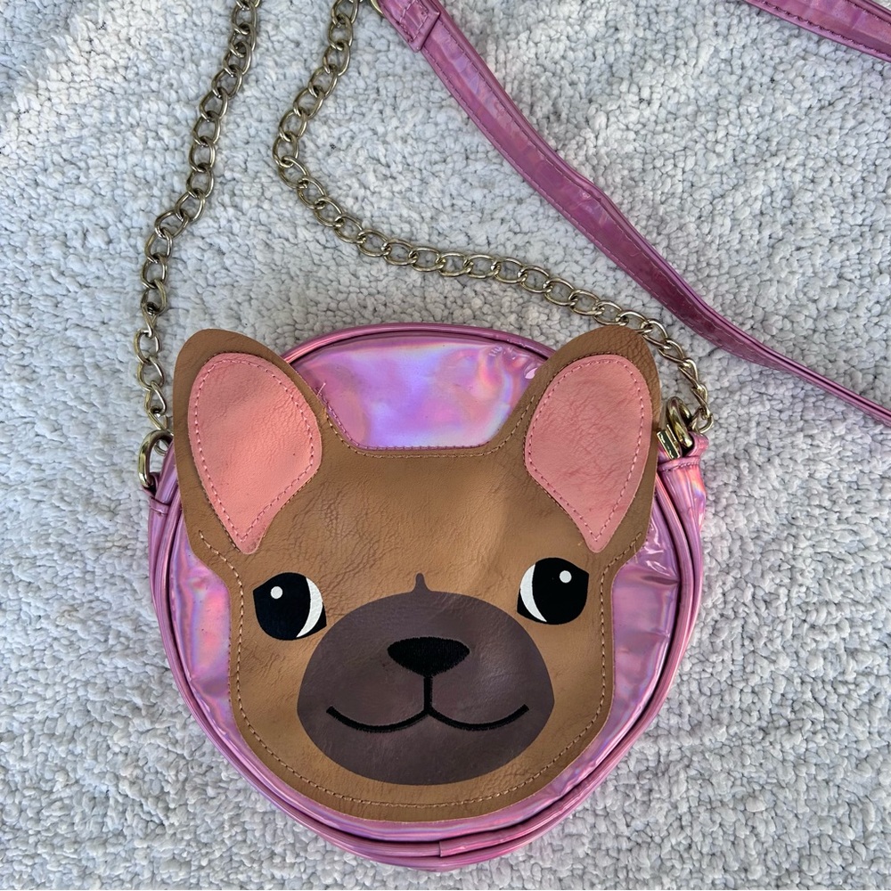 Olivia Miller purse Frenchie dog shoulder crossbody pink iridescent bag